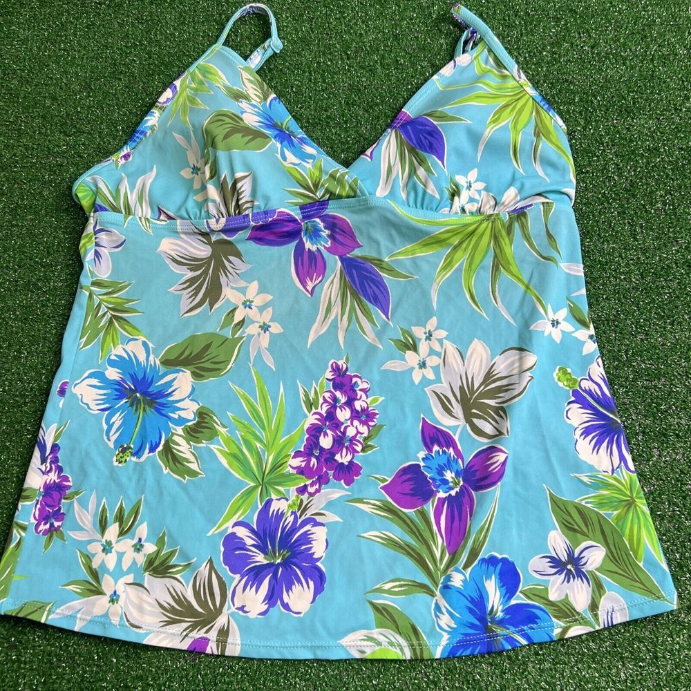 Islander Womens Teal Floral Tankini Bathing Suit Top Size 18